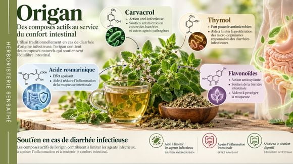 Origan et diarrhée infectieuse  infographie des principes actifs de l’origan, carvacrol, thymol, acide rosmarinique et flavonoïdes, et de leurs propriétés antimicrobiennes et antioxydantes - Herboristerie Sensathé